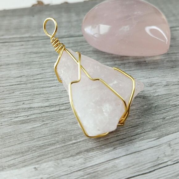 Raw Rose Quartz Crystal Gemstone Pendant Wire Wrapped 2" - Picture 2 of 4